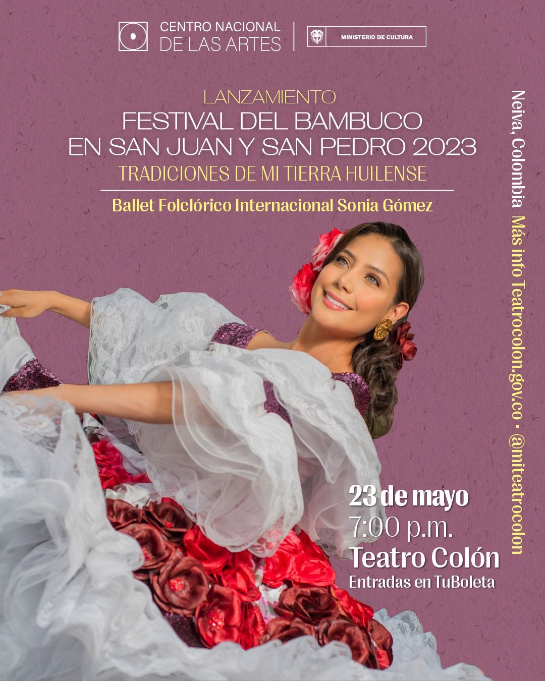 El Huila presentará toda la riqueza folclórica del Festival del Bambuco en San Juan y San Pedro en el Teatro Colón, en Bogotá