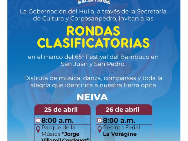 El Huila vibrará con las rondas clasificatorias del 65° Festival del Bambuco en San Juan y San Pedro.