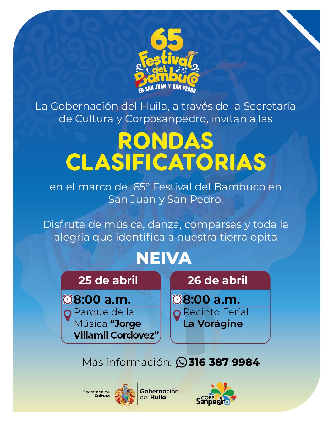 El Huila vibrará con las rondas clasificatorias del 65° Festival del Bambuco en San Juan y San Pedro.