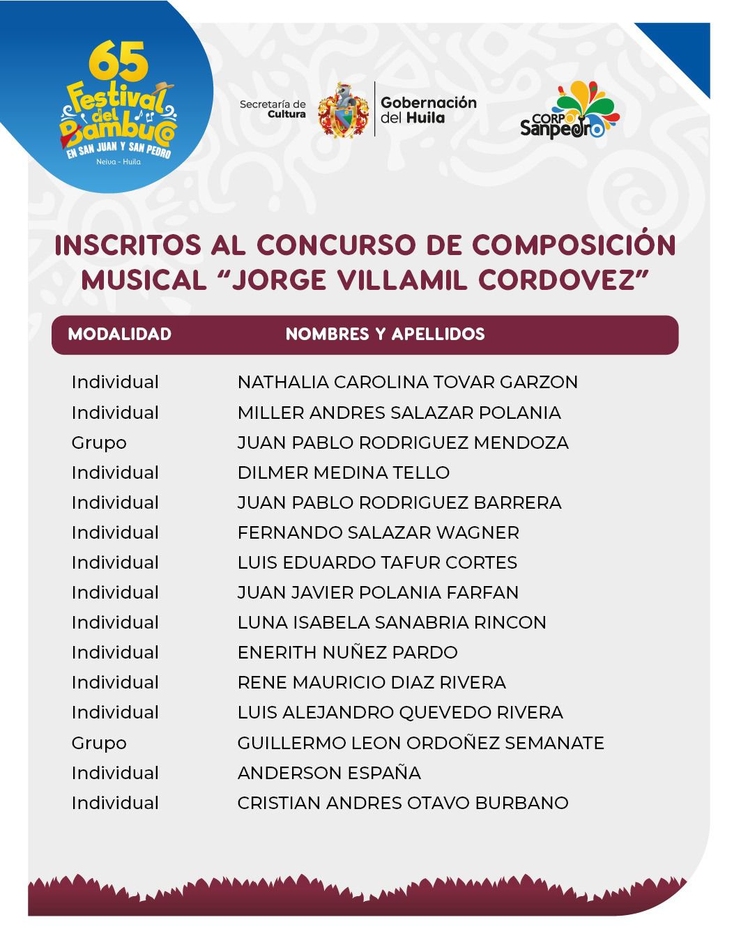 Lista de inscritos al Concurso Nacional de Composición Musical “Jorge Villamil Cordovez” – 65° Festival del Bambuco en San Juan y San Pedro