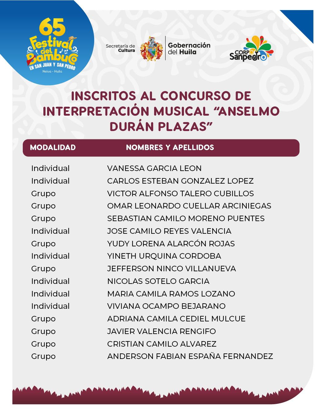 Lista de inscritos al Concurso Nacional de Interpretación Musical “Anselmo Durán Plazas” – 65° Festival del Bambuco en San Juan y San Pedro