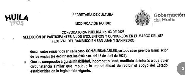 Corposanpedro informa modificación a la Convocatoria Pública No. 03 de 2026 del 65° Festival del Bambuco