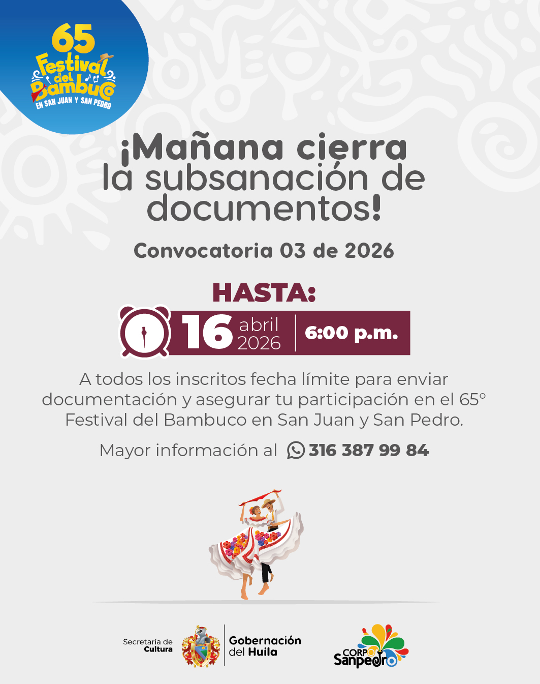 CorpoSanpedro informa plazo de subsanación y calendario de rondas clasificatorias — Convocatoria 03 de 2026